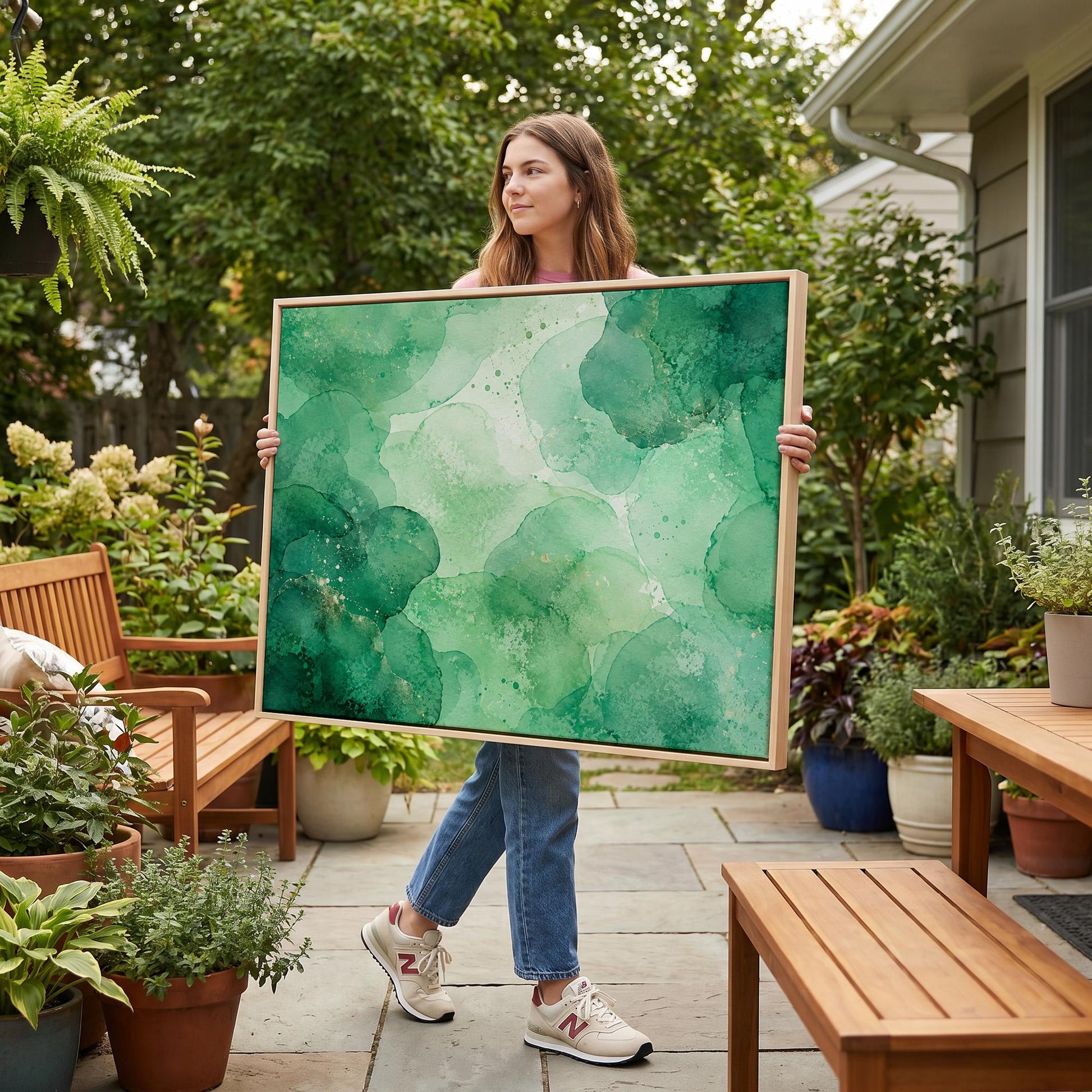 Wide emerald green watercolor wash, canvas print presented in a light, minimal room