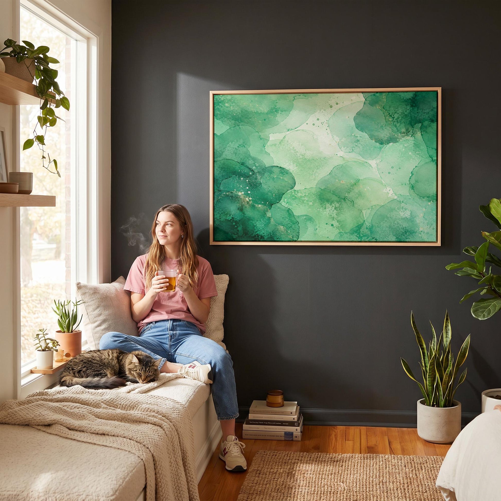 Wide emerald green watercolor wash, canvas print on a quiet wall in a considered interior