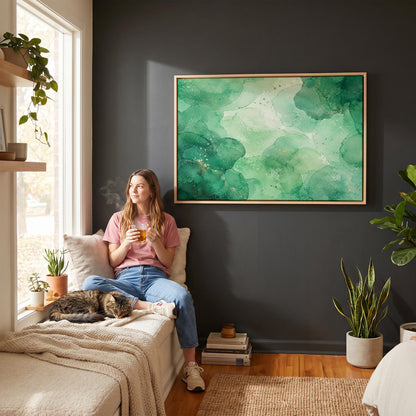 Wide emerald green watercolor wash, canvas print on a quiet wall in a considered interior