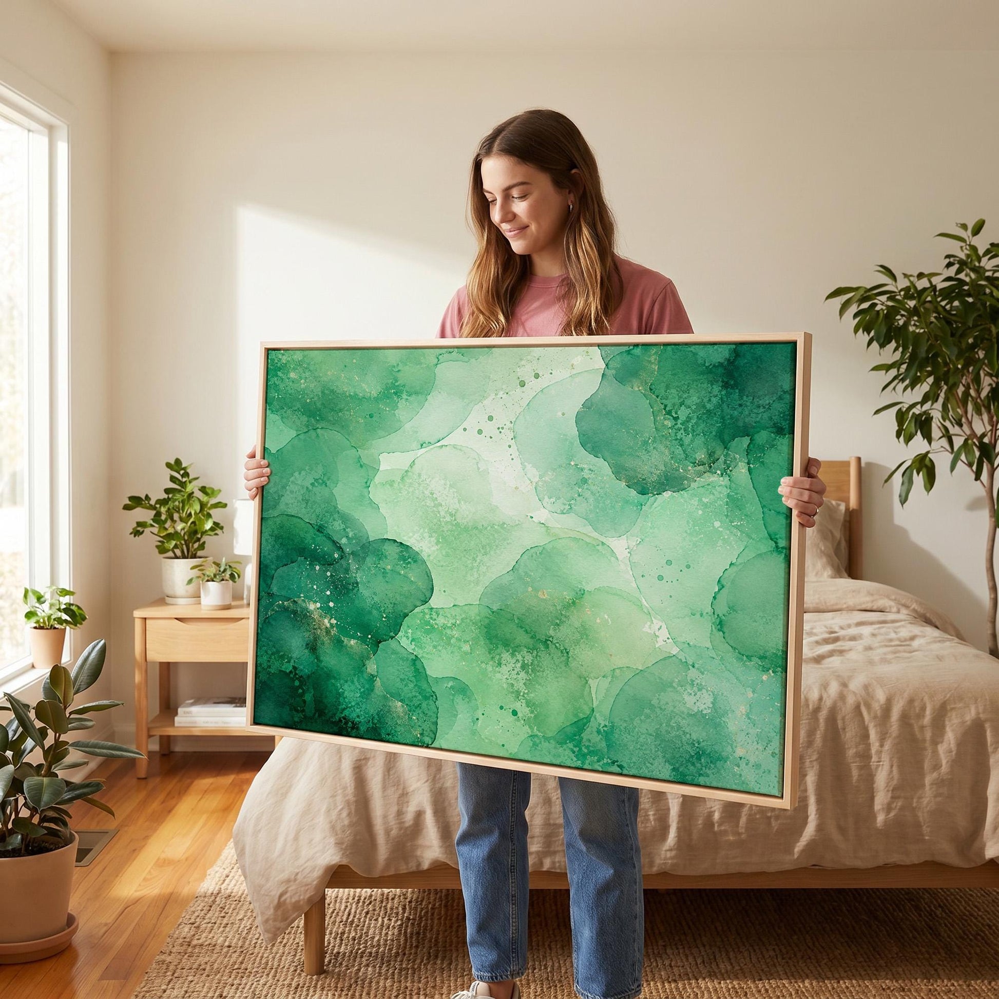 Wide emerald green watercolor wash, canvas wall art hanging in a calm, modern living space
