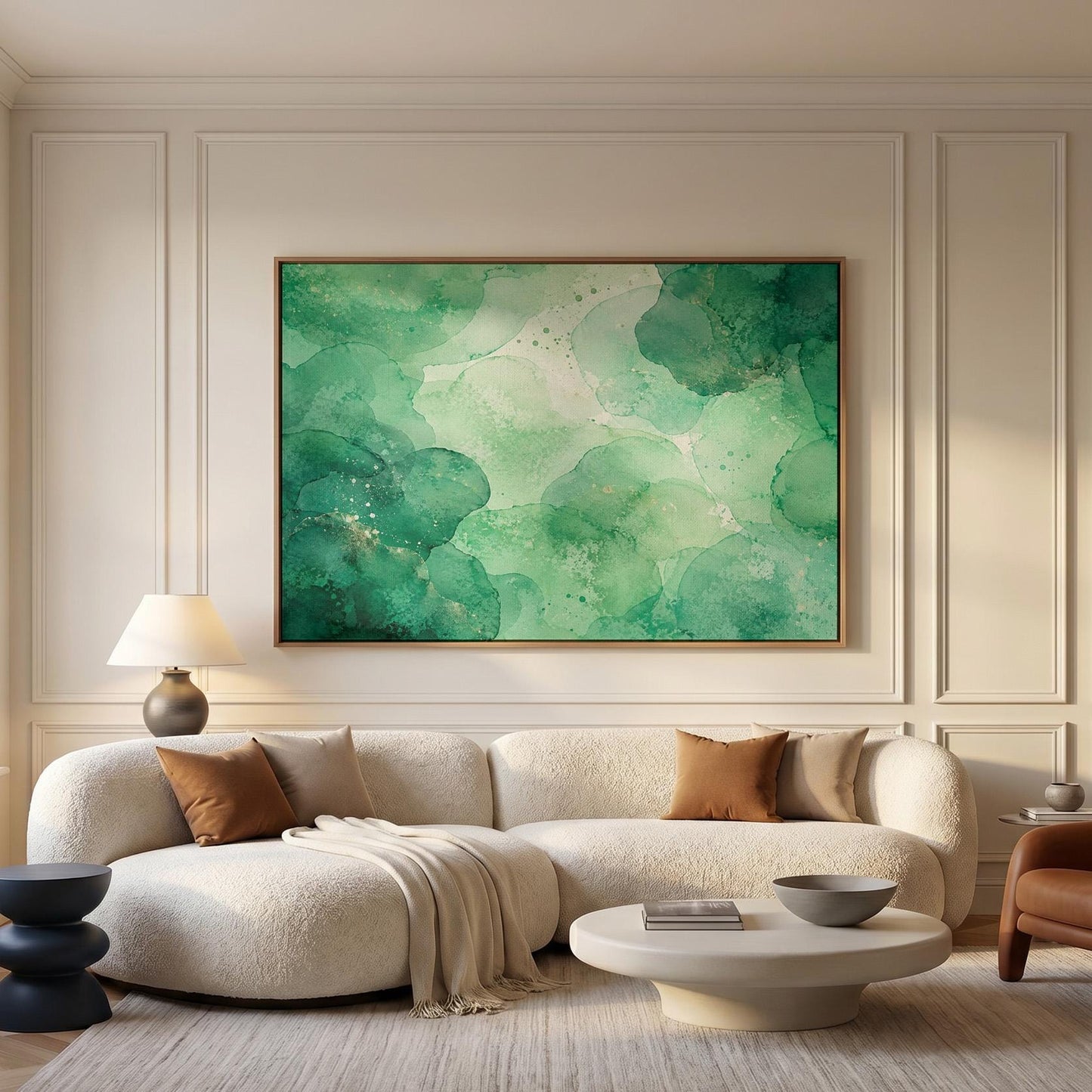 Wide emerald green watercolor wash, canvas wall art styled against a soft white wall