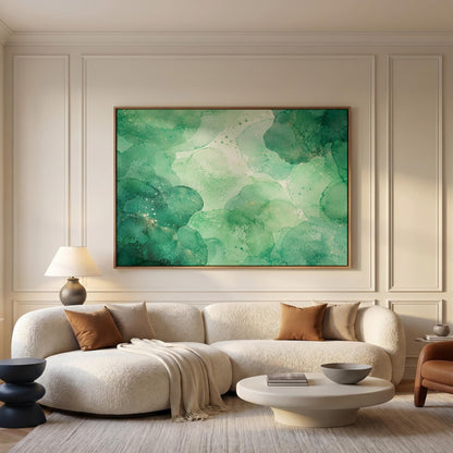 Wide emerald green watercolor wash, canvas wall art styled against a soft white wall