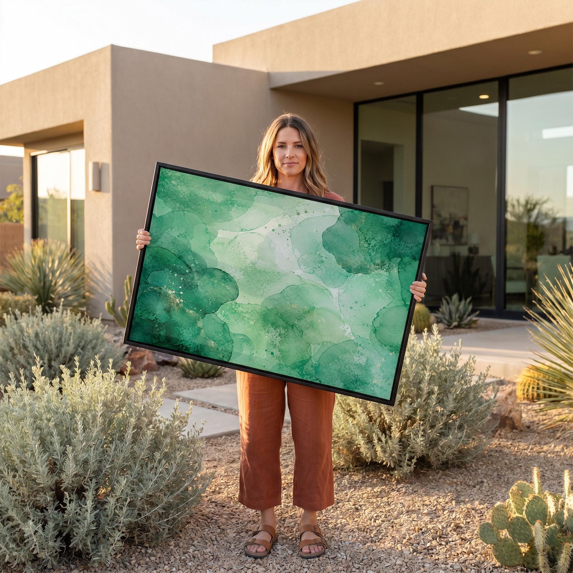 Wide emerald green watercolor wash, canvas wall art seen in a warm interior with natural light