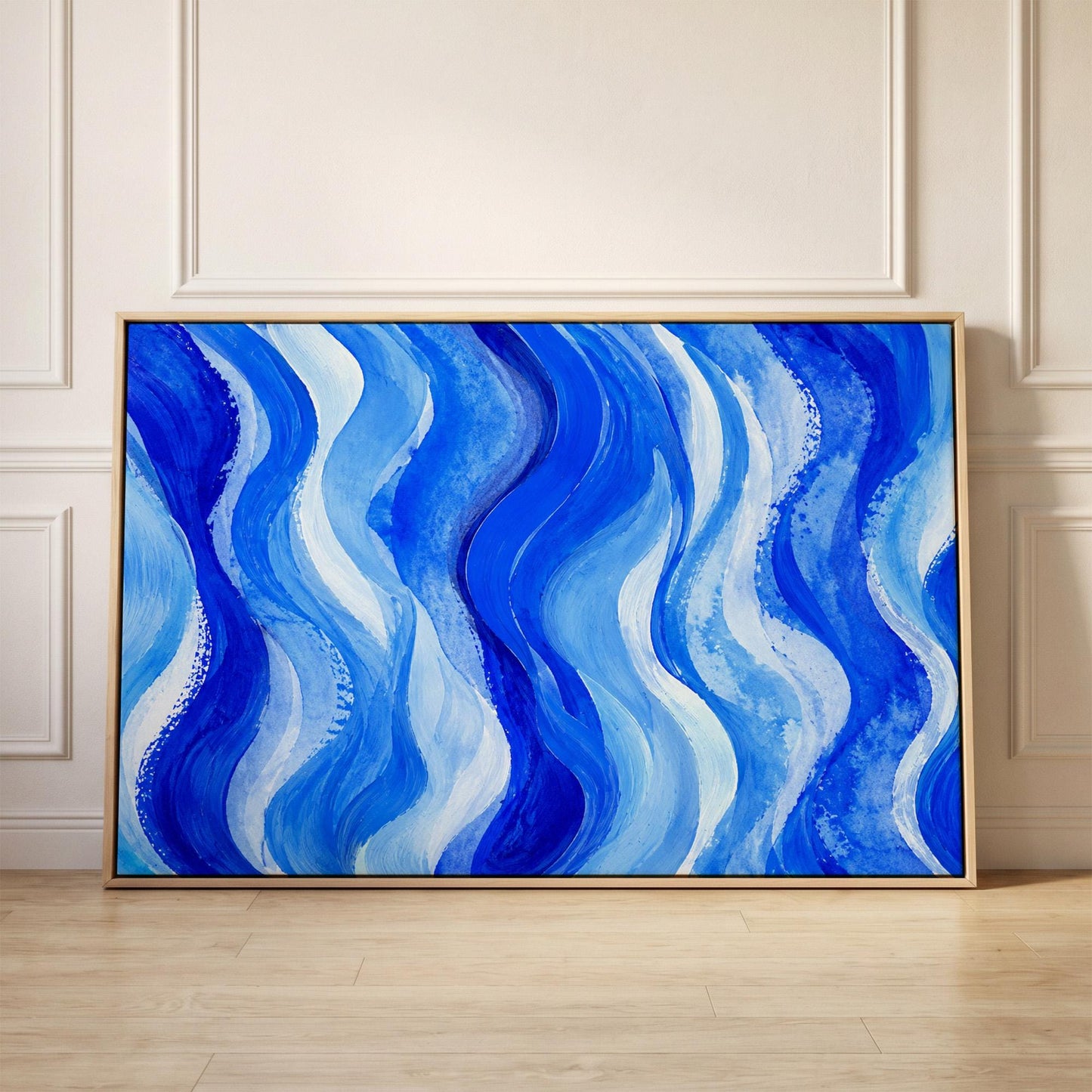 Bold cobalt wave currents across wide canvas, canvas print held up against a sunlit bedroom wall