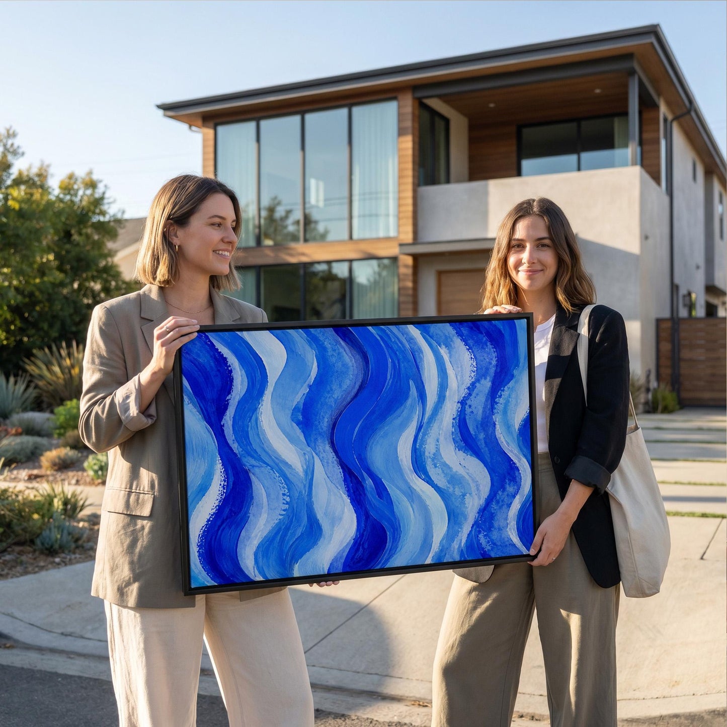 Bold cobalt wave currents across wide canvas, canvas print styled against a soft white wall