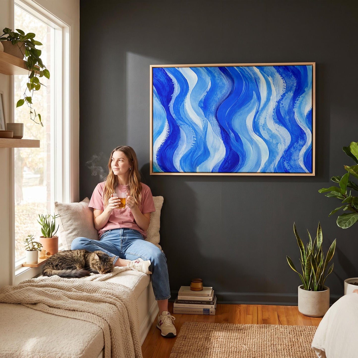 Bold cobalt wave currents across wide canvas, canvas print seen in a warm interior with natural light