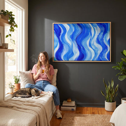 Bold cobalt wave currents across wide canvas, canvas print seen in a warm interior with natural light
