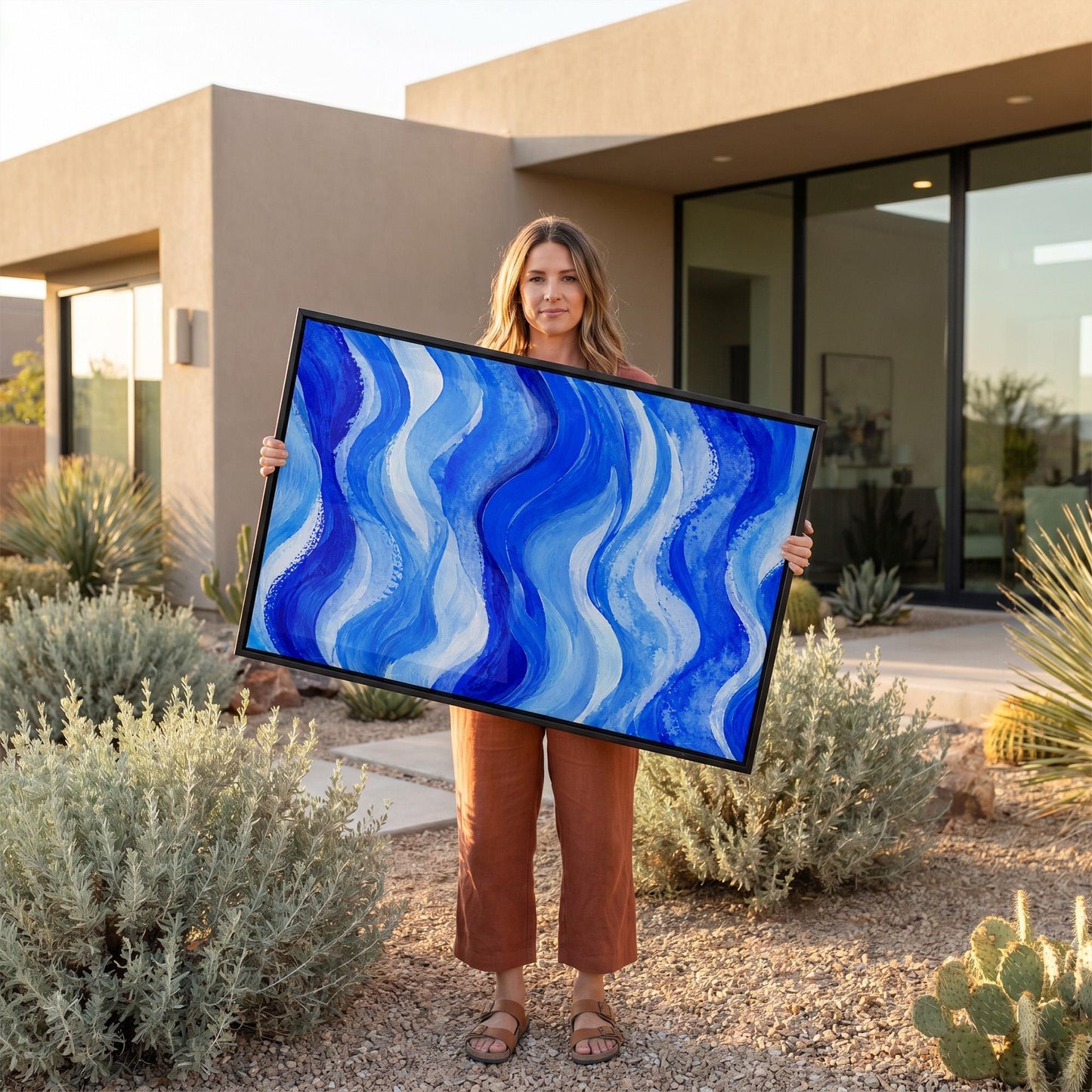Bold cobalt wave currents across wide canvas, canvas print presented in a light, minimal room