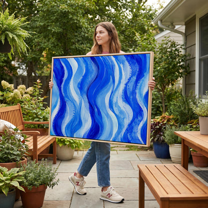 Bold cobalt wave currents across wide canvas, canvas print on a quiet wall in a considered interior