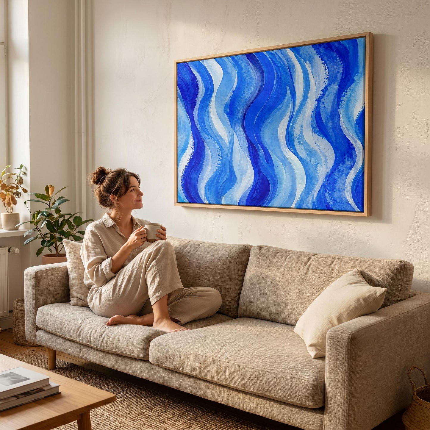 Bold cobalt wave currents across wide canvas, canvas print shown to scale in a furnished room