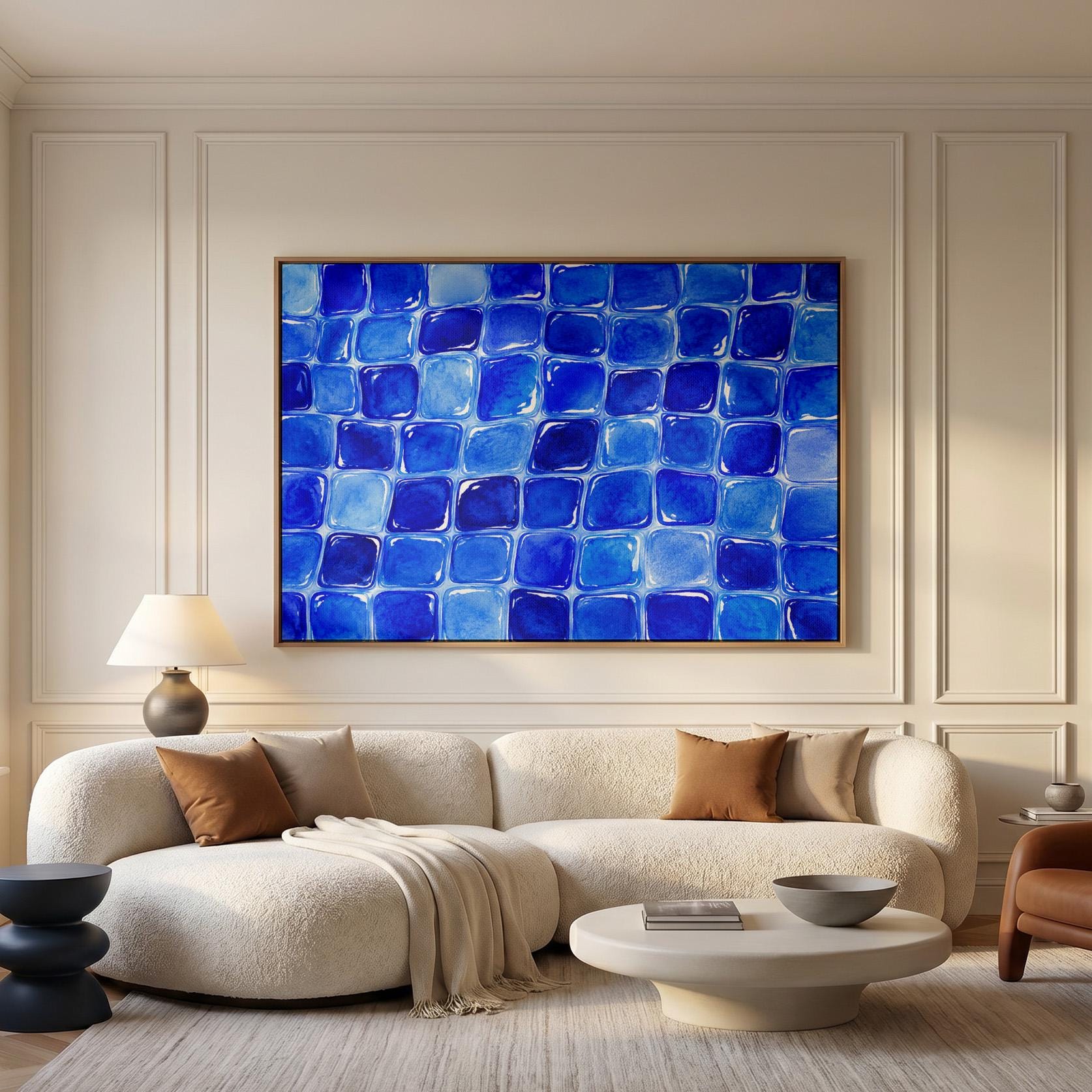 Deep sapphire mosaic tiles in wide grid, canvas print shown in a sunlit, contemporary room