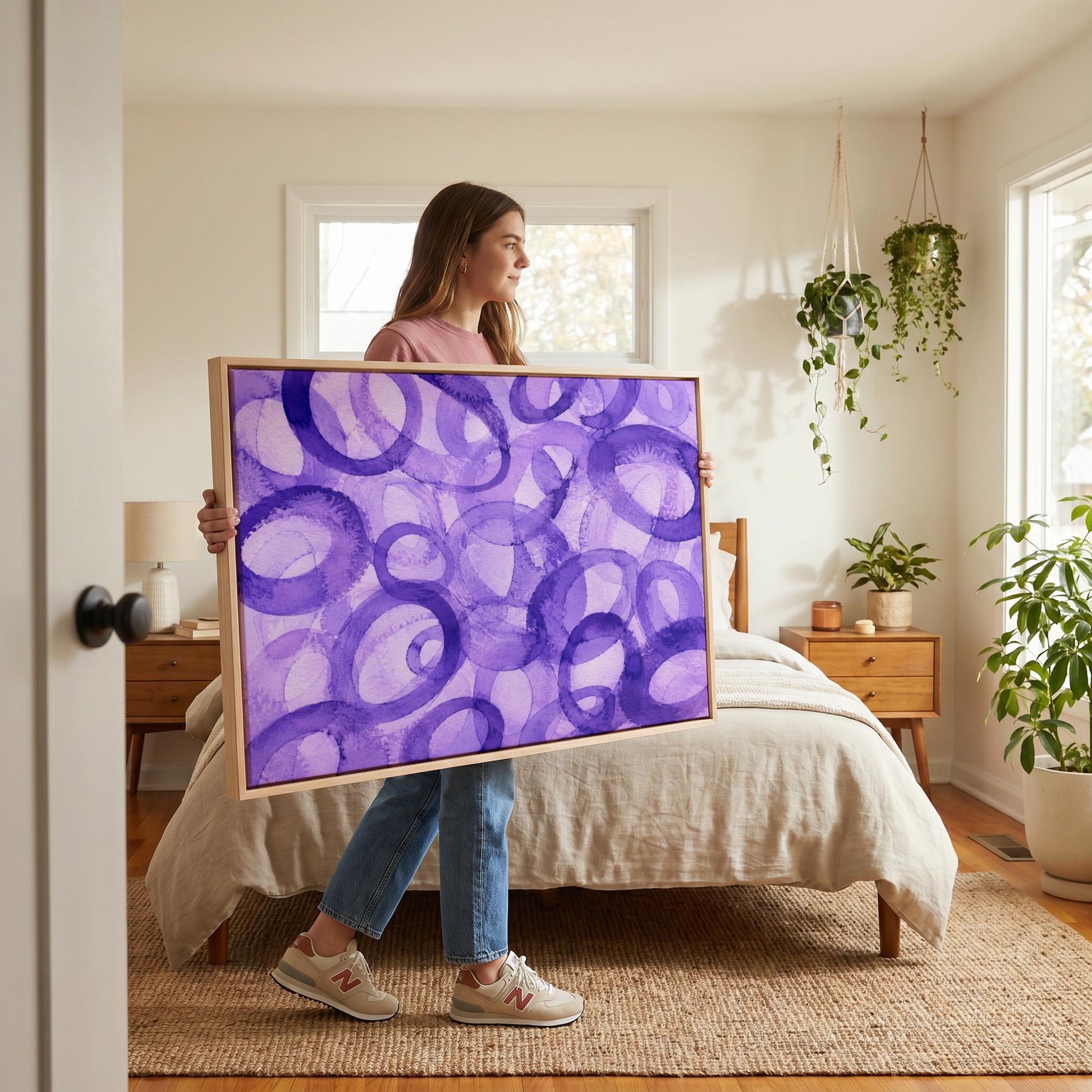 Swirling violet watercolor rings across wide frame, canvas print hanging in a calm, modern living space