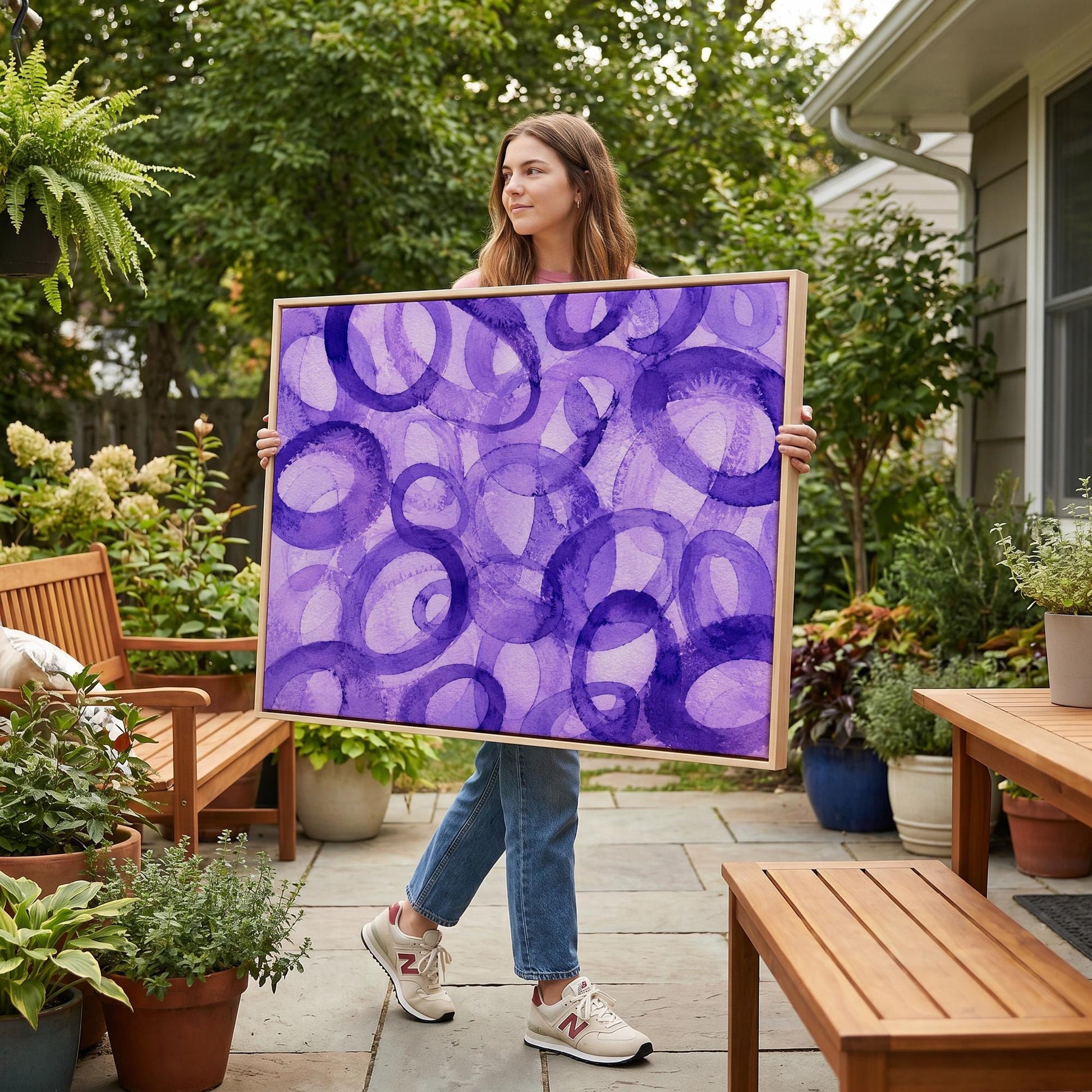 Swirling violet watercolor rings across wide frame, canvas print styled against a soft white wall