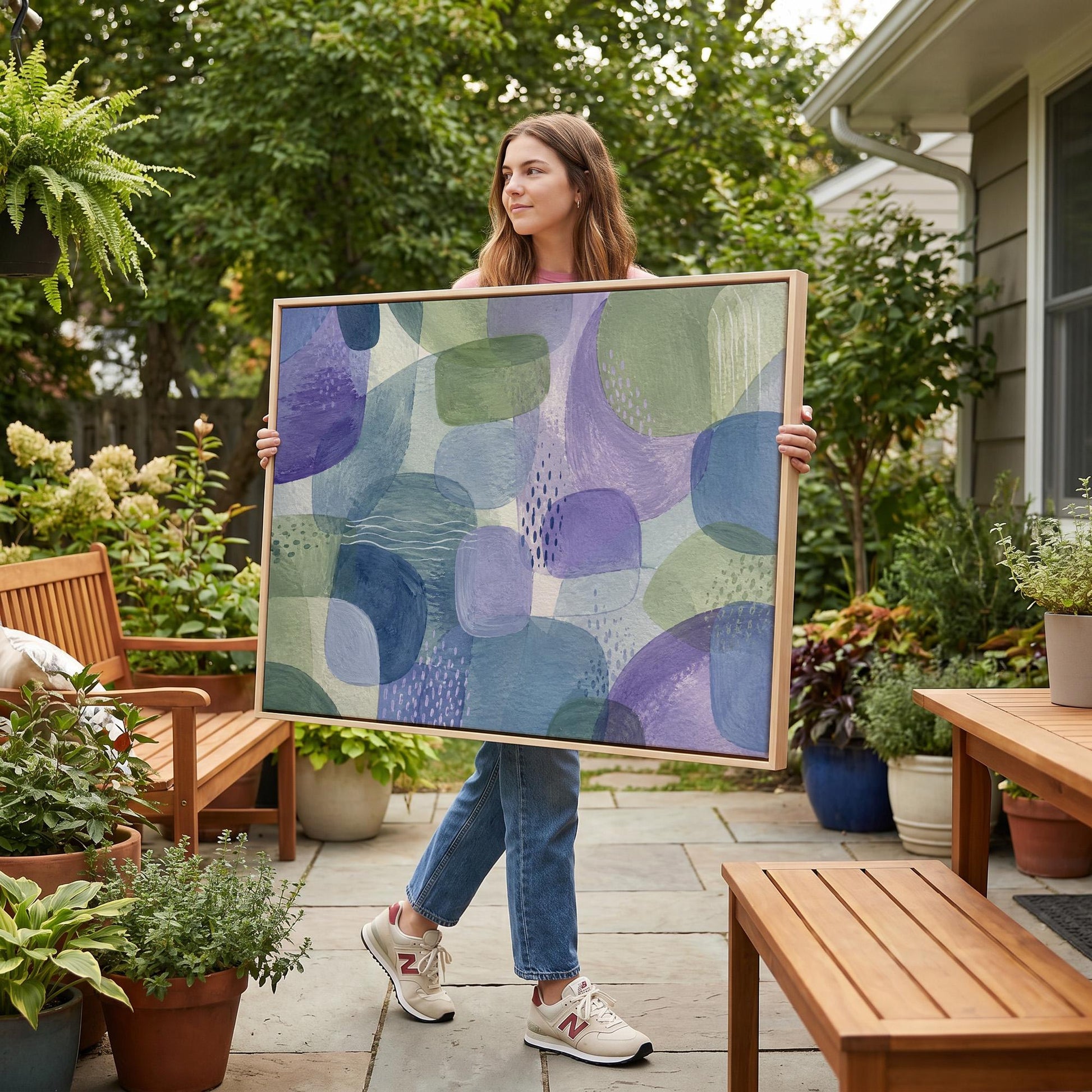 Soft muted shapes in dusty plum and sage, canvas print hanging in a calm, modern living space