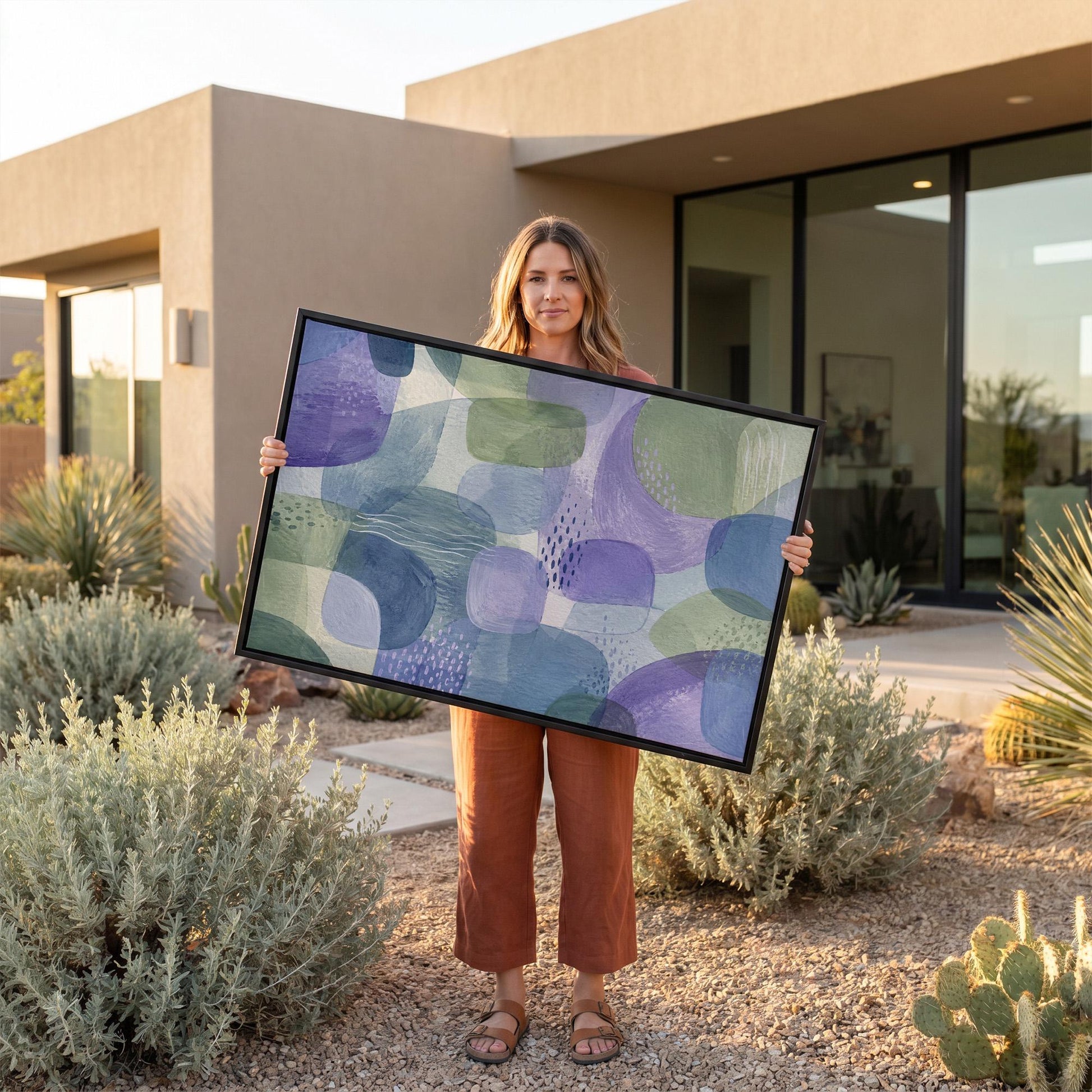 Soft muted shapes in dusty plum and sage, canvas wall art styled against a soft white wall