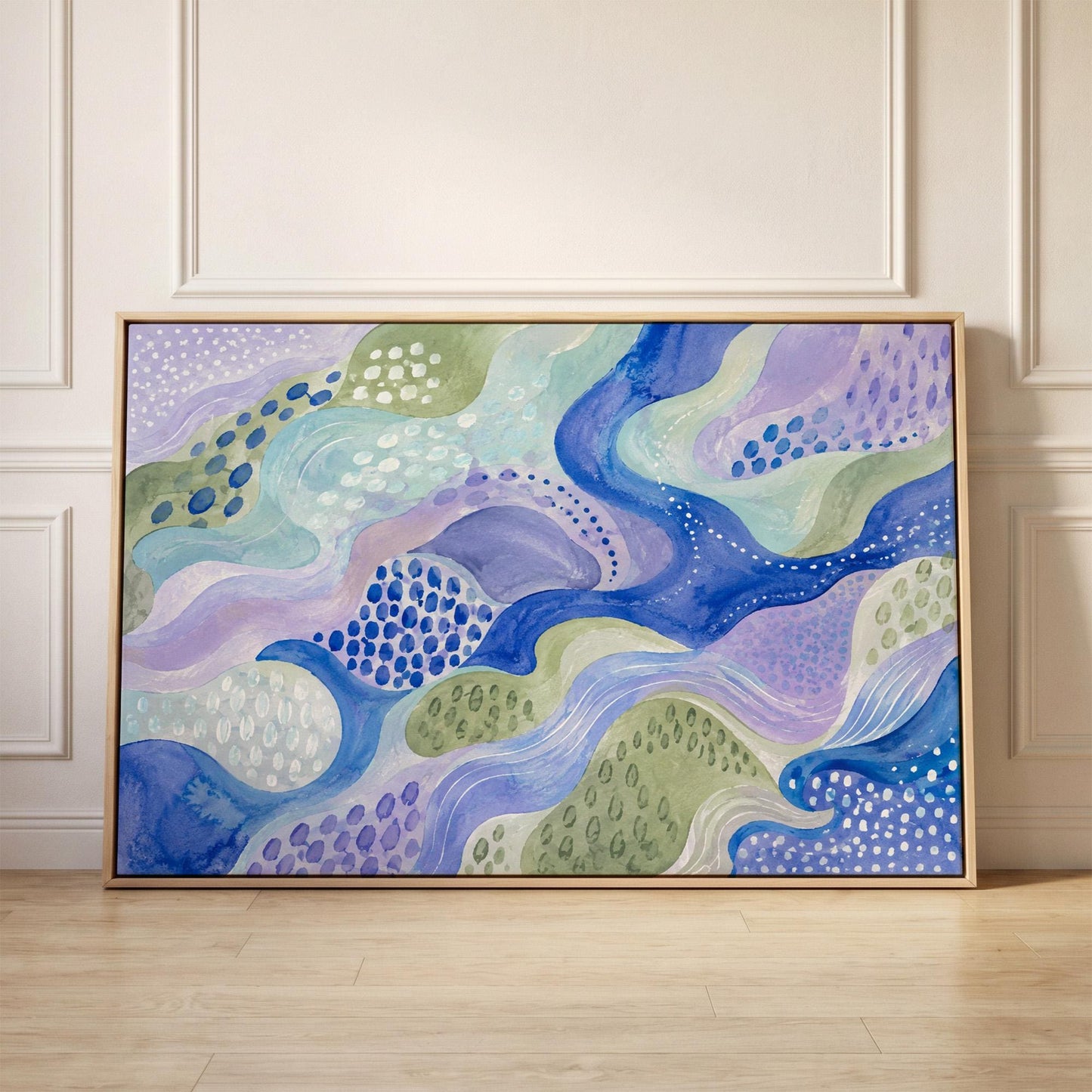 Meandering blue streams among dotted lavender islands, canvas print held up against a sunlit bedroom wall