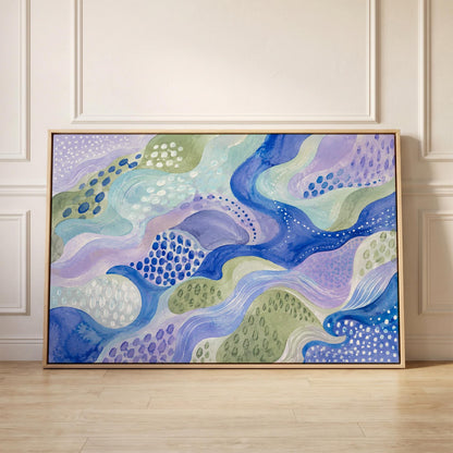 Meandering blue streams among dotted lavender islands, canvas print held up against a sunlit bedroom wall