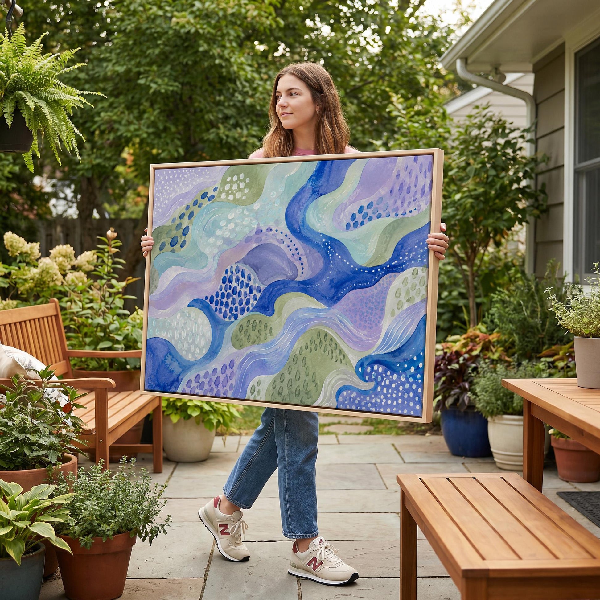 Meandering blue streams among dotted lavender islands, canvas print hanging in a calm, modern living space