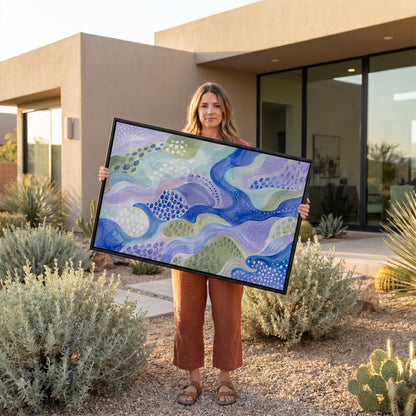 Meandering blue streams among dotted lavender islands, canvas print on a quiet wall in a considered interior