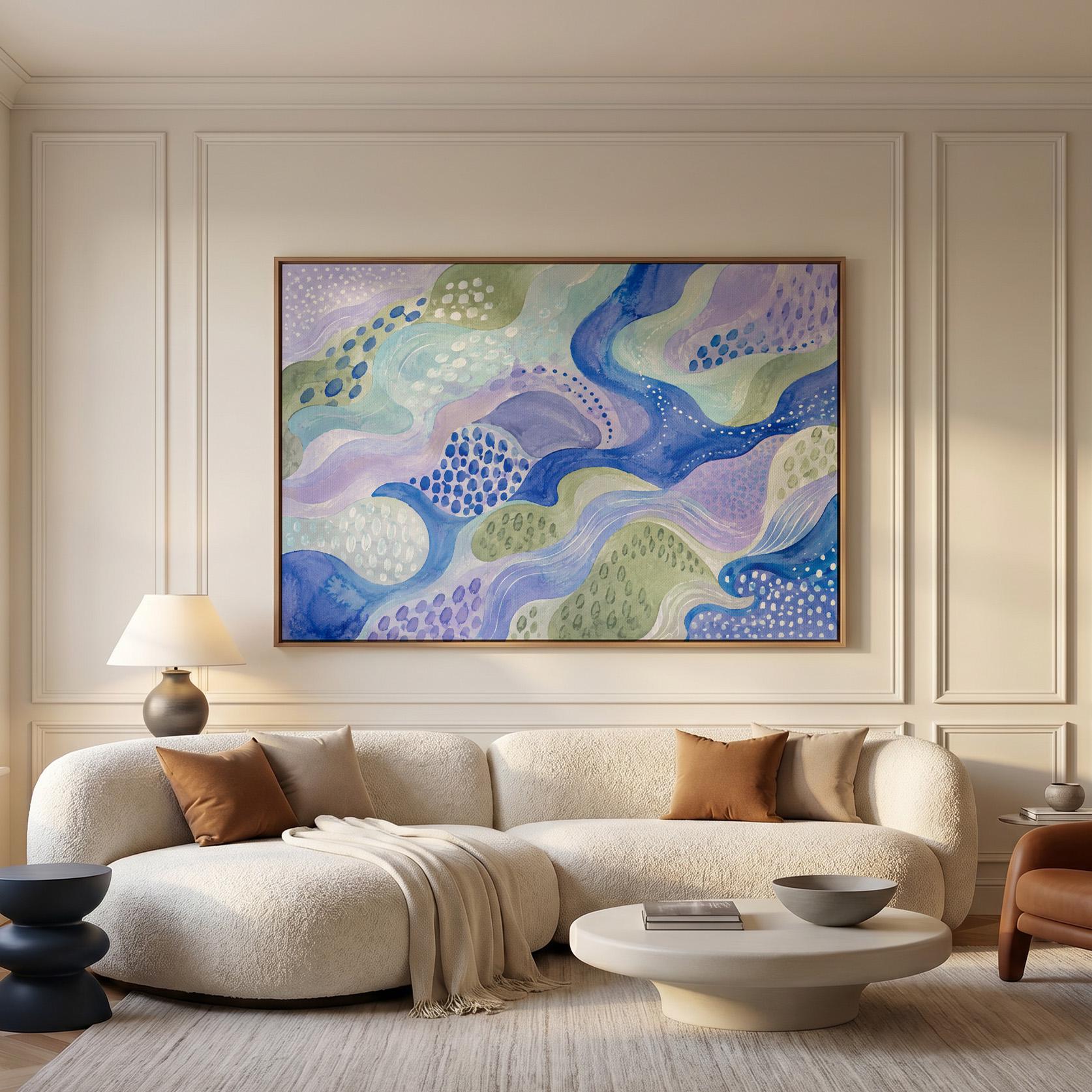 Meandering blue streams among dotted lavender islands, canvas print shown to scale in a furnished room