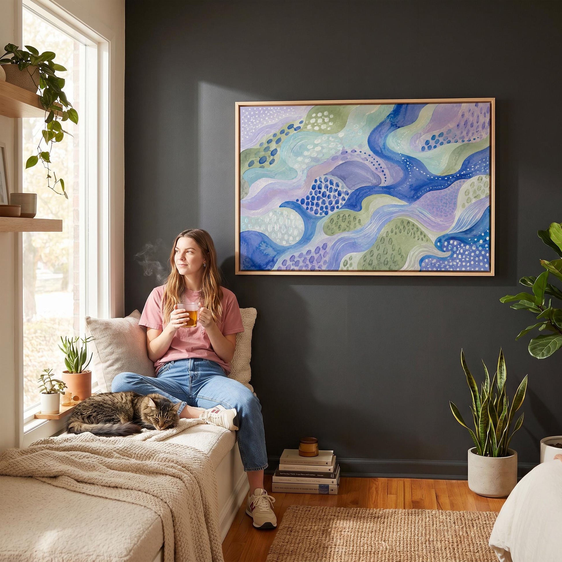 Meandering blue streams among dotted lavender islands, canvas wall art seen in a warm interior with natural light