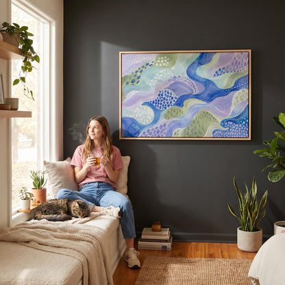 Meandering blue streams among dotted lavender islands, canvas wall art seen in a warm interior with natural light