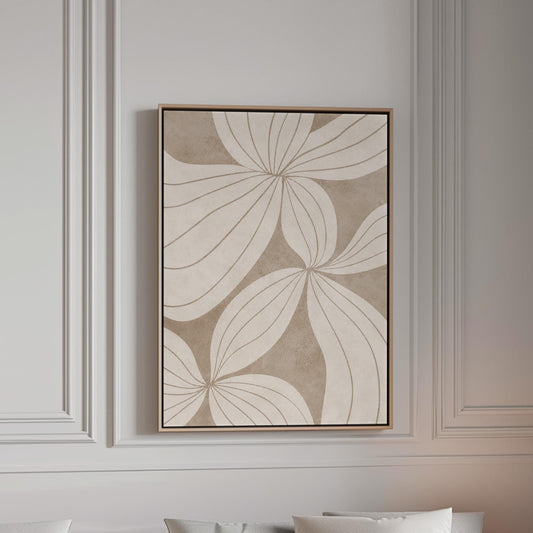 Abstract line drawing of oversized petals in cream and sand beige, canvas print in a bright room with natural daylight