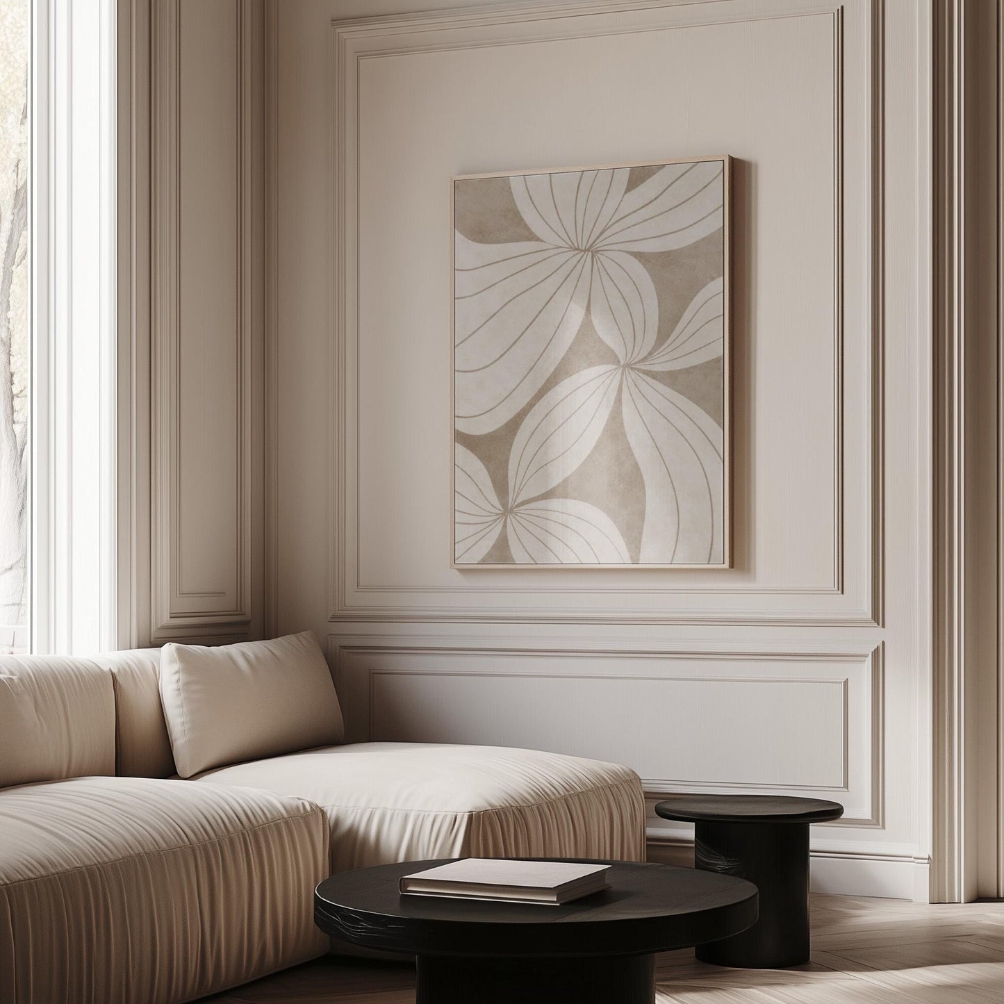 Abstract line drawing of oversized petals in cream and sand beige, canvas print displayed on a neutral wall in a styled interior