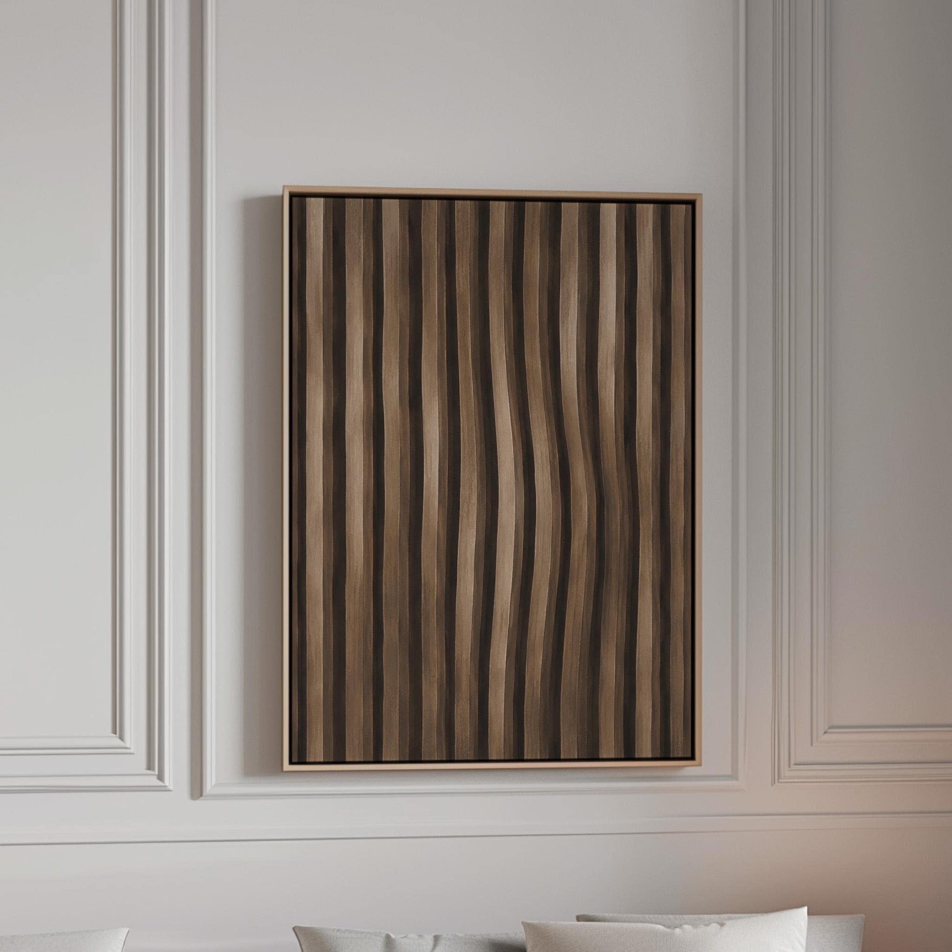 Vertical wavy stripes in dark walnut and coffee brown tones, canvas print in a bright room with natural daylight