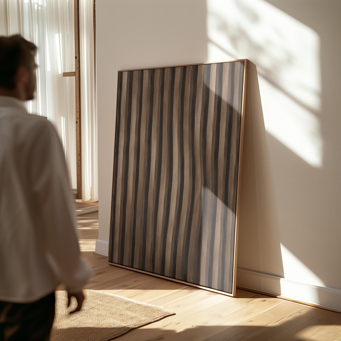 Vertical wavy stripes in dark walnut and coffee brown tones, canvas print seen in a warm interior with natural light