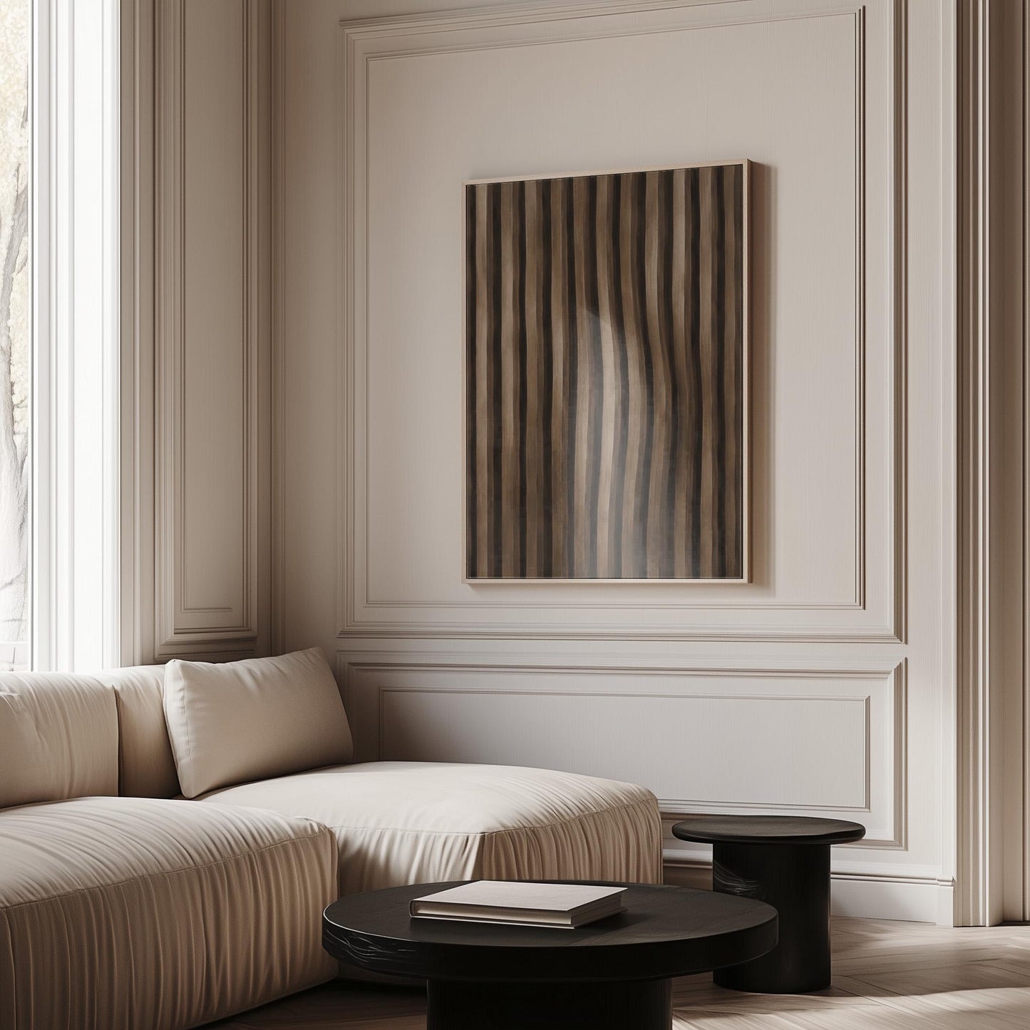 Vertical wavy stripes in dark walnut and coffee brown tones, canvas print displayed on a neutral wall in a styled interior