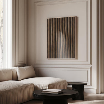 Vertical wavy stripes in dark walnut and coffee brown tones, canvas print displayed on a neutral wall in a styled interior