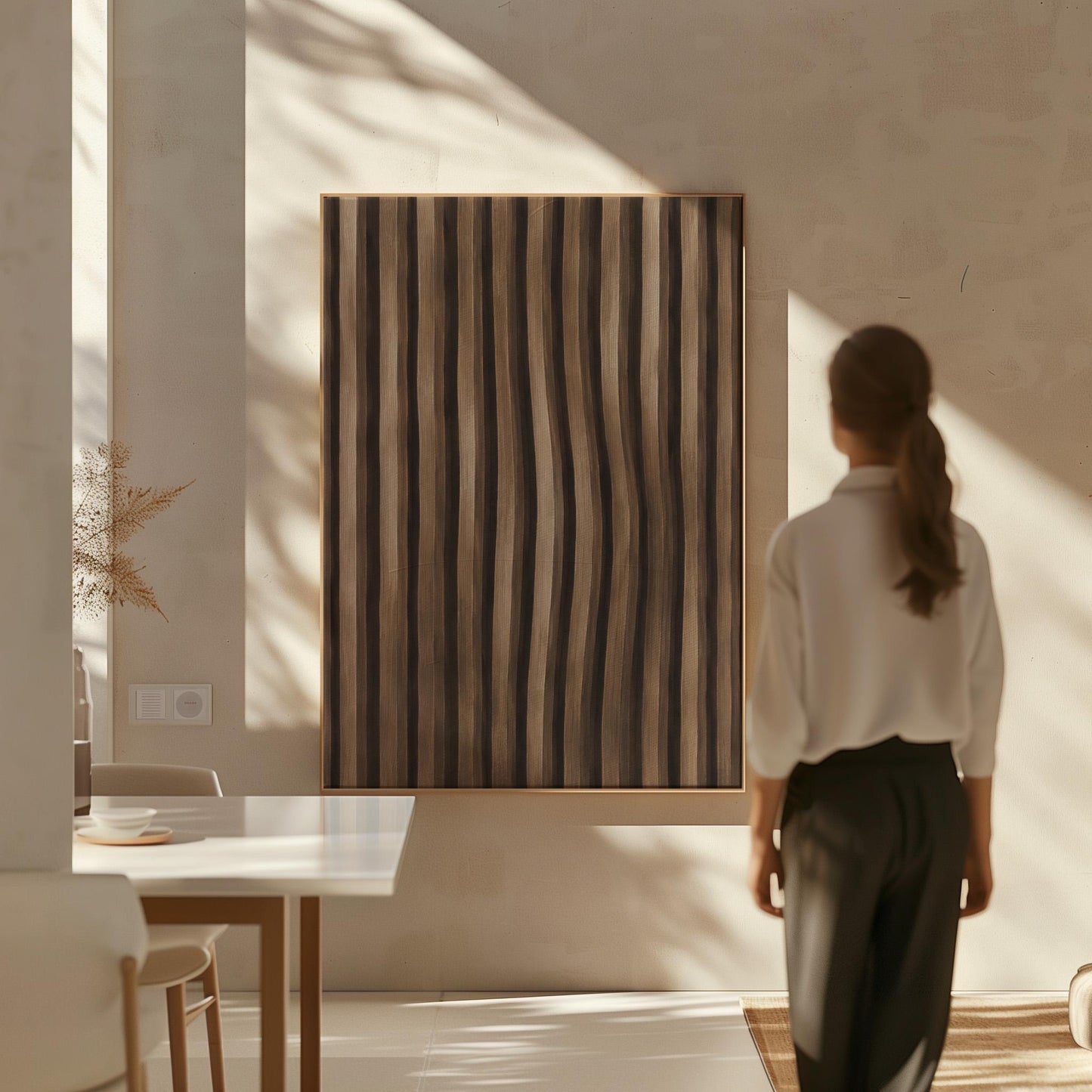 Vertical wavy stripes in dark walnut and coffee brown tones, canvas wall art hanging in a calm, modern living space
