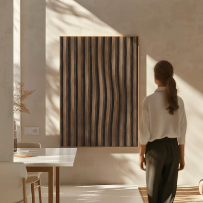 Vertical wavy stripes in dark walnut and coffee brown tones, canvas wall art hanging in a calm, modern living space