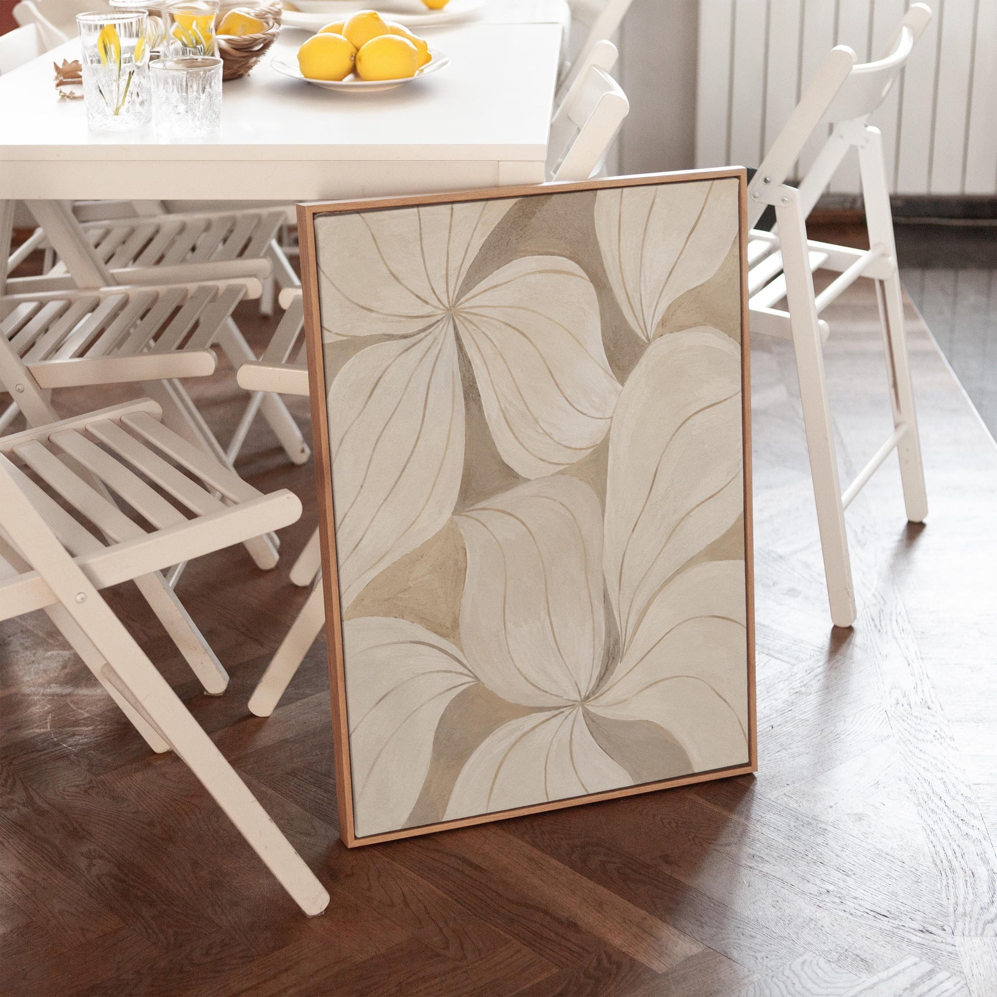 Soft cream petals drawn with thin outlines filling the frame, canvas print styled against a soft white wall