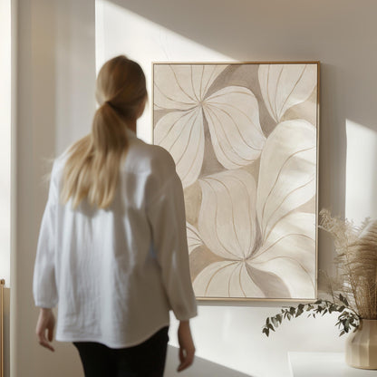 Soft cream petals drawn with thin outlines filling the frame, canvas print presented in a light, minimal room