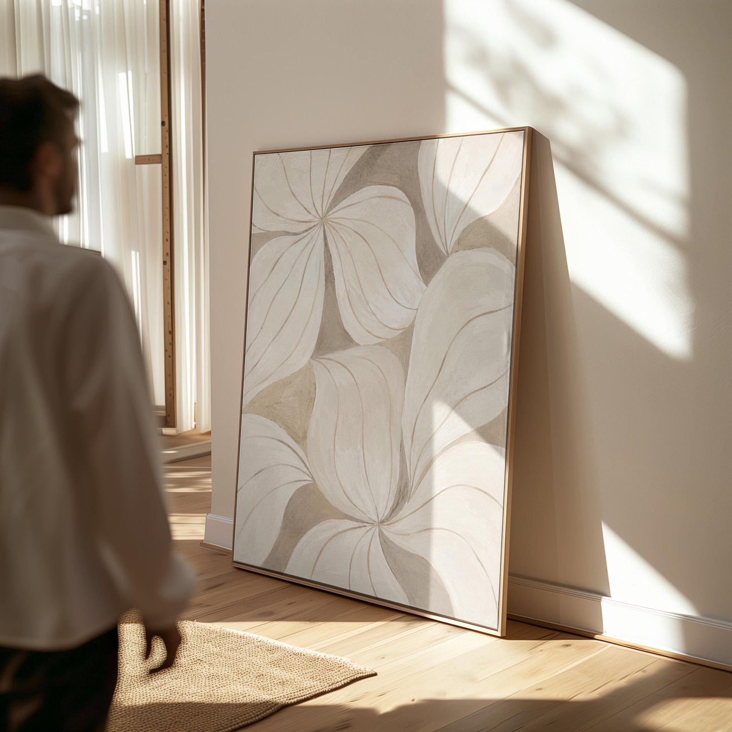 Soft cream petals drawn with thin outlines filling the frame, canvas print shown to scale in a furnished room