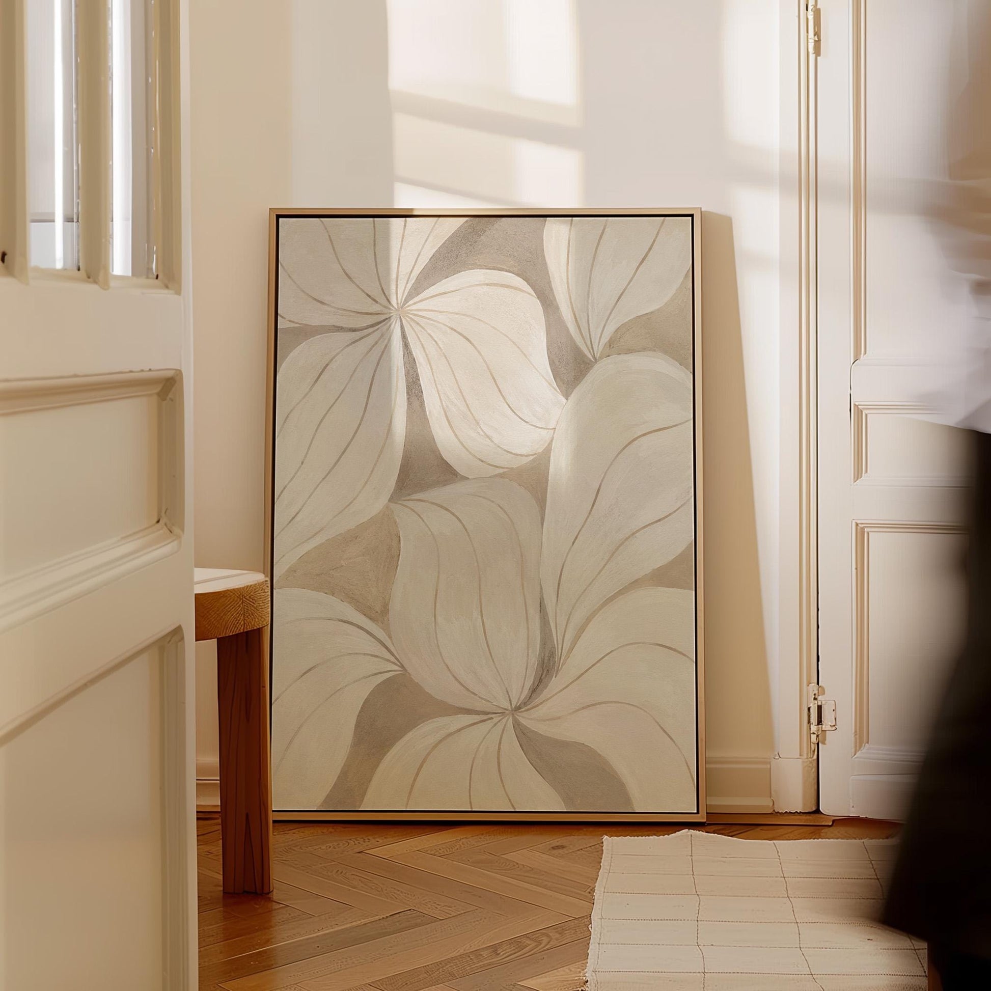 Soft cream petals drawn with thin outlines filling the frame, canvas print displayed on a neutral wall in a styled interior