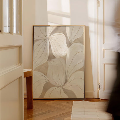 Soft cream petals drawn with thin outlines filling the frame, canvas print displayed on a neutral wall in a styled interior
