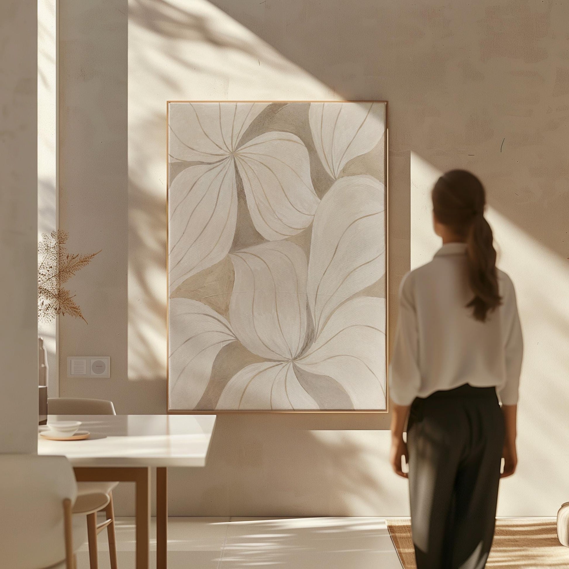 Soft cream petals drawn with thin outlines filling the frame, canvas wall art styled against a soft white wall