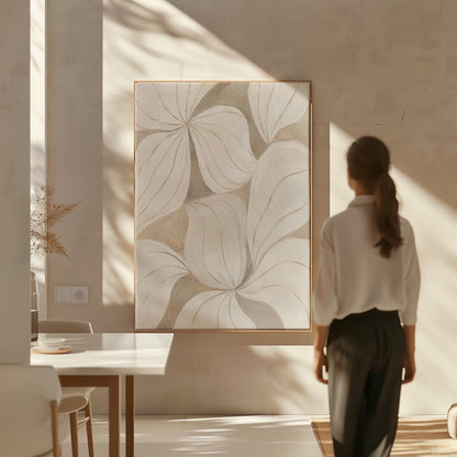 Soft cream petals drawn with thin outlines filling the frame, canvas wall art styled against a soft white wall
