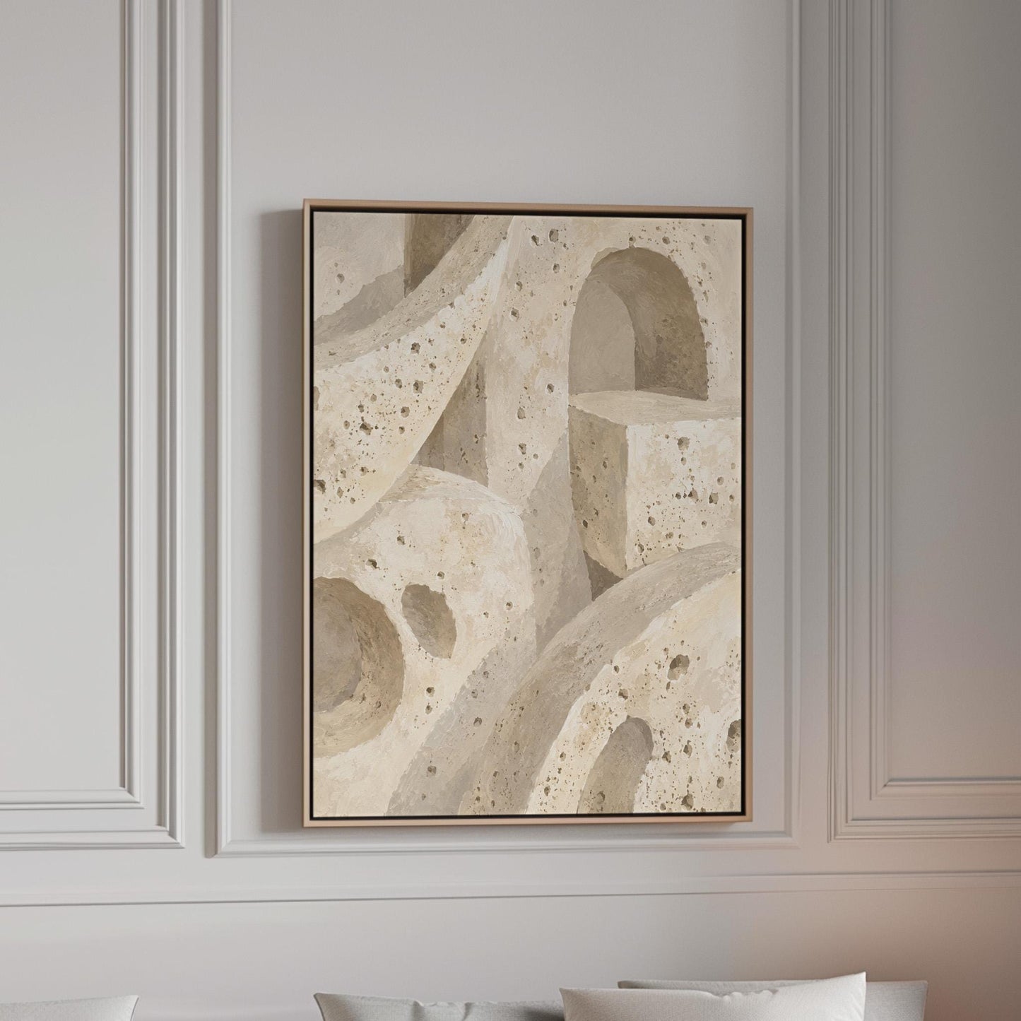 Interlocking arches and organic forms in warm speckled beige, canvas print in a bright room with natural daylight
