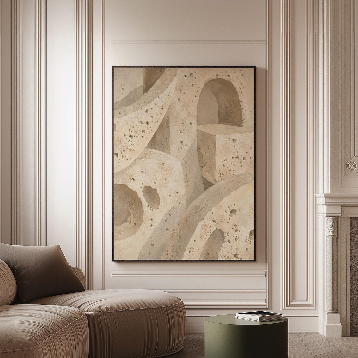 Interlocking arches and organic forms in warm speckled beige, canvas print on a softly lit wall in a calm interior