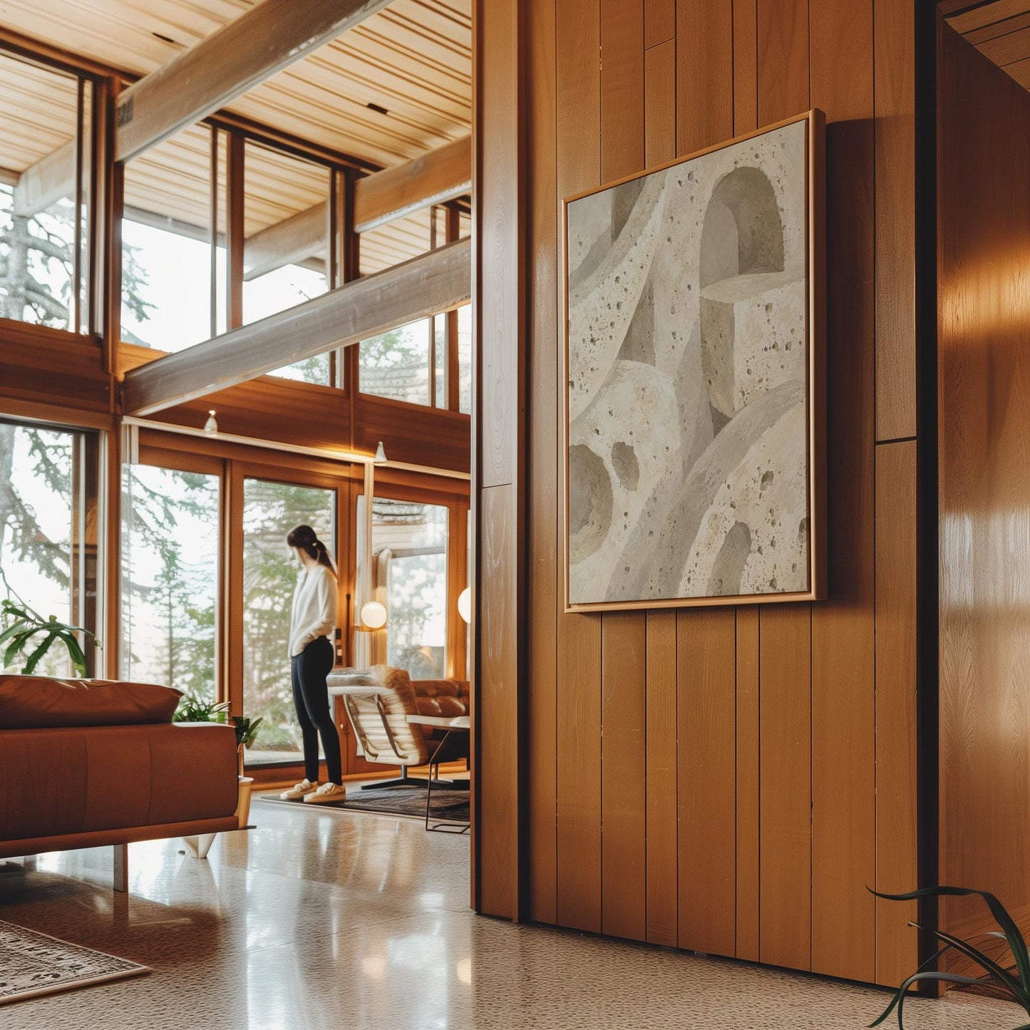 Interlocking arches and organic forms in warm speckled beige, canvas print presented in a light, minimal room