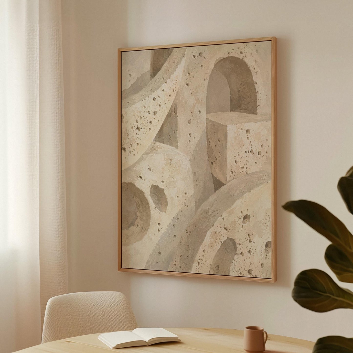 Interlocking arches and organic forms in warm speckled beige, canvas wall art presented in a light, minimal room