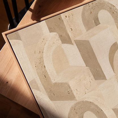Repeating small arches pattern in sand and taupe tones, canvas print in a warm, minimally styled interior