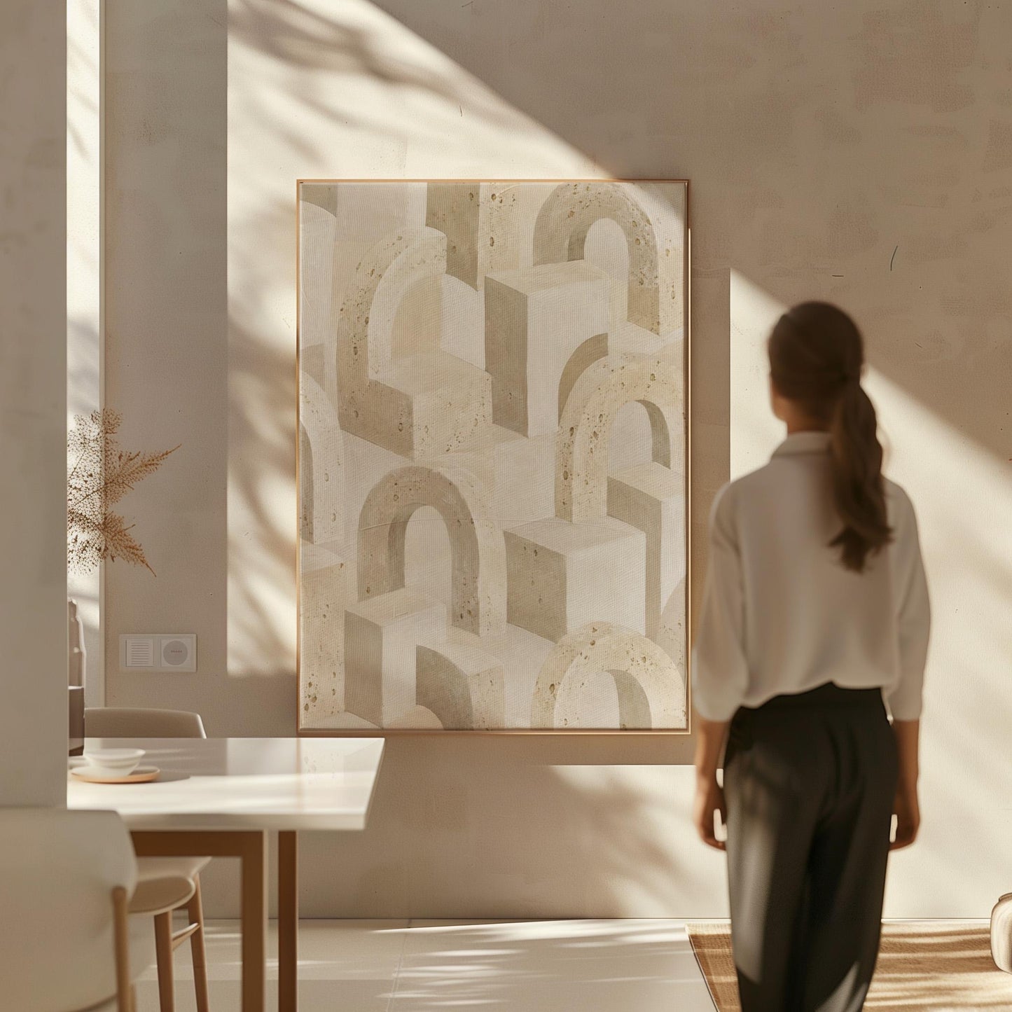 Repeating small arches pattern in sand and taupe tones, canvas print hanging in a calm, modern living space