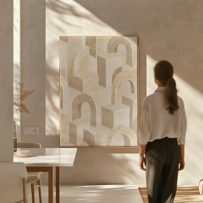 Repeating small arches pattern in sand and taupe tones, canvas print hanging in a calm, modern living space