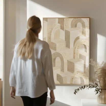 Repeating small arches pattern in sand and taupe tones, canvas print shown to scale in a furnished room