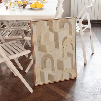 Repeating small arches pattern in sand and taupe tones, canvas wall art styled against a soft white wall